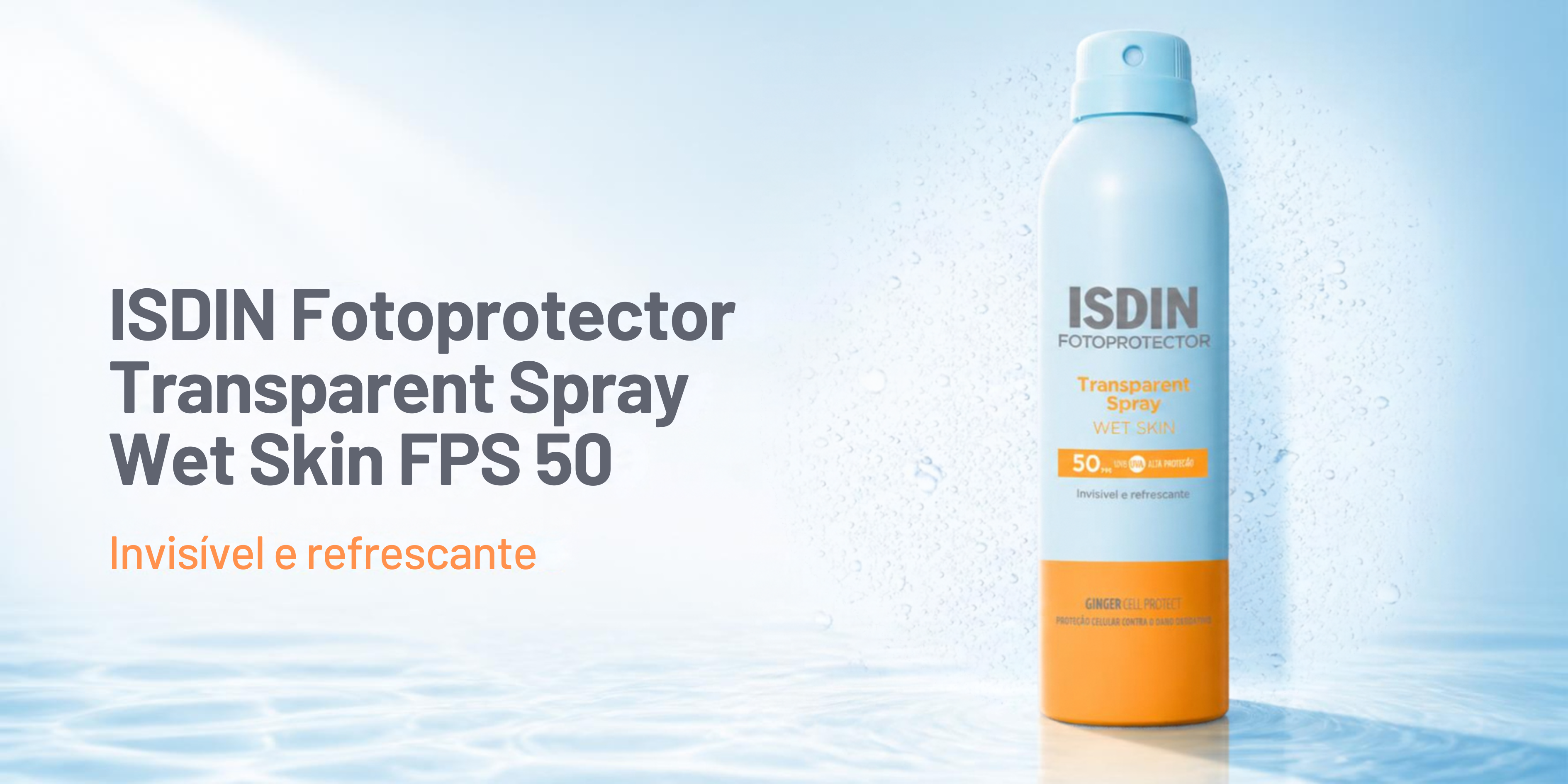 Frasco spray do protetor solar corporal ISDIN Transparent Spray Wet Skin FPS 50, 250 ml